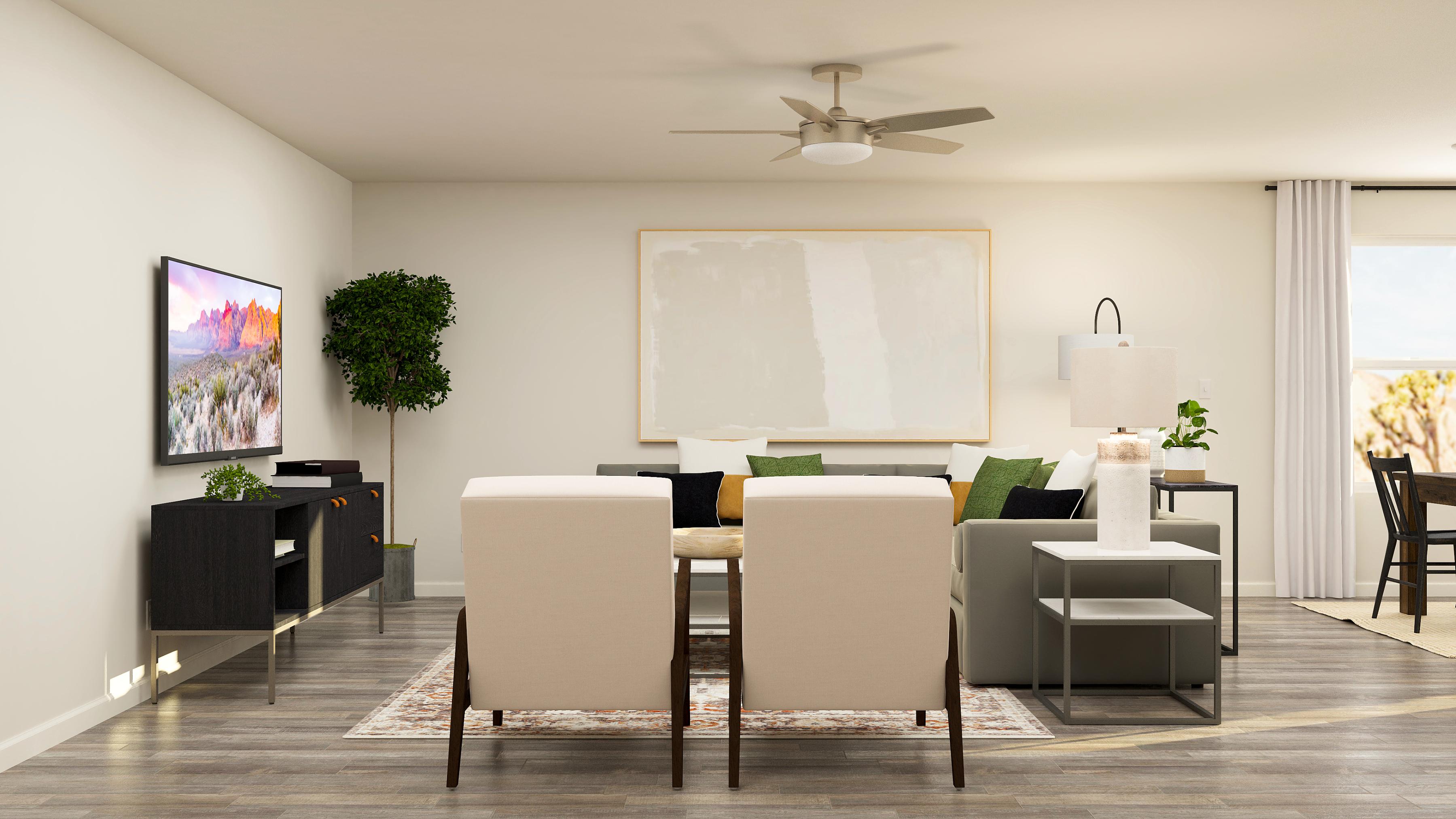 A living room with a whiteboard.