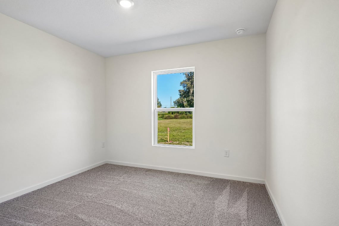 A room with a window and a carpet.