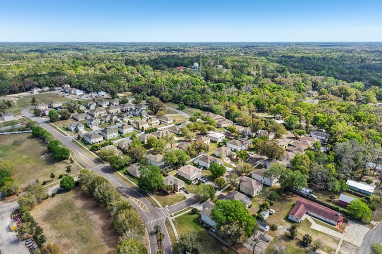 An aerial view of a neighborhood.
