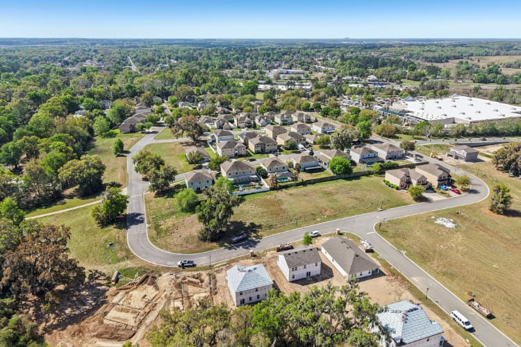 A landscape with houses and trees.