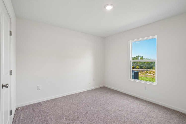 A room with a window and a carpet.