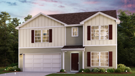 A white house with red shutters.