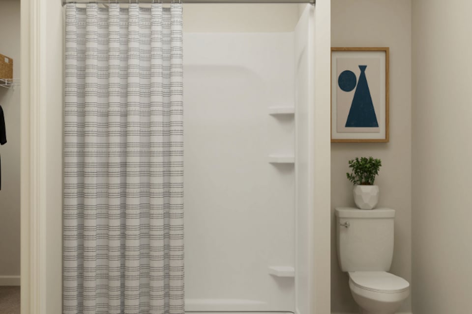 A bathroom with a shower curtain.