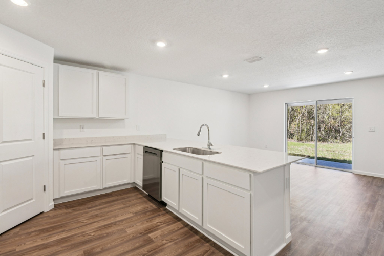 A kitchen with white cabinets.