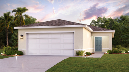A house with a garage and trees.