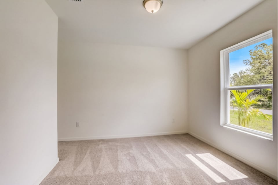 A room with a window and a rug.