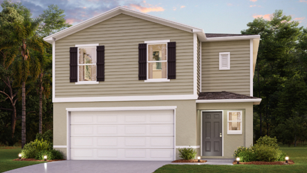 A white house with black shutters.