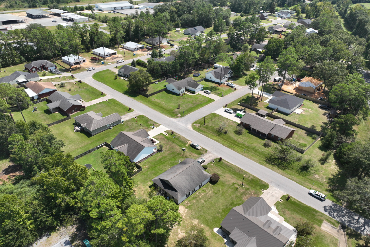 Aerial view of a neighborhood.