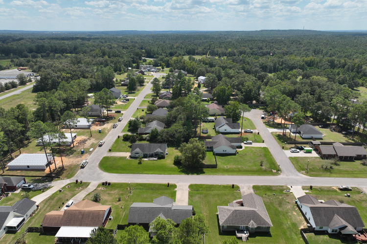 A group of buildings and trees.
