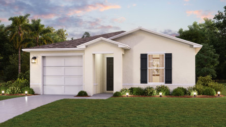 A white house with a lawn.