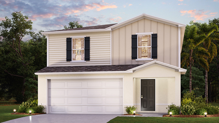 A white house with black shutters.