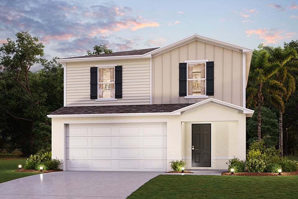A white house with black shutters.