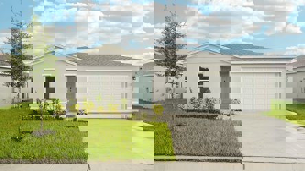 A white house with a garage.