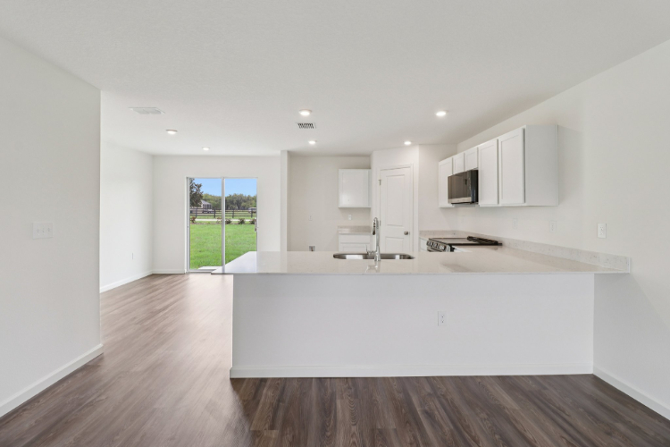 A kitchen with white cabinets.