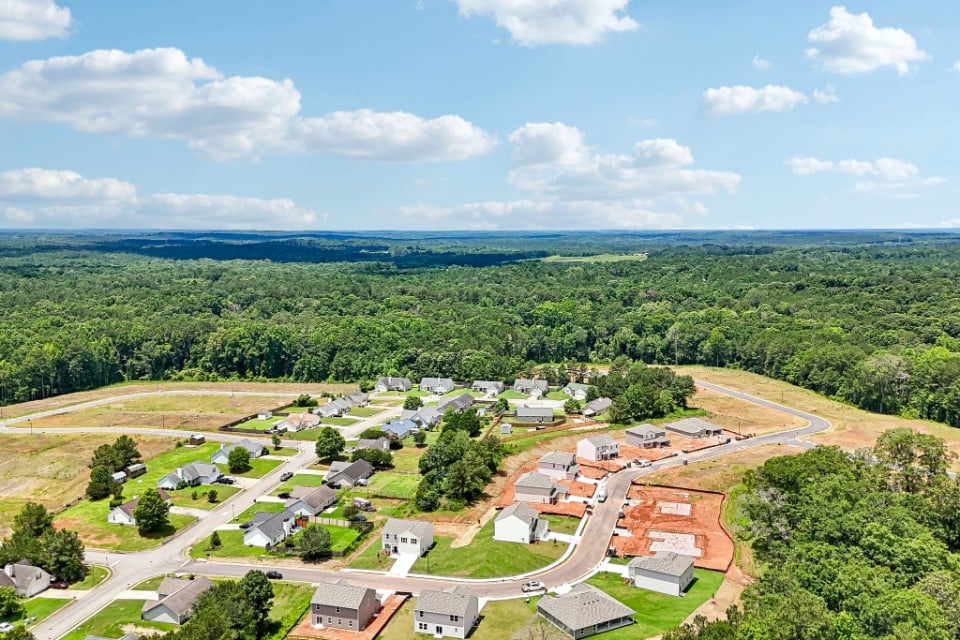 A landscape with trees and buildings.