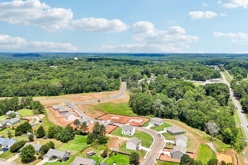 A landscape with trees and buildings.