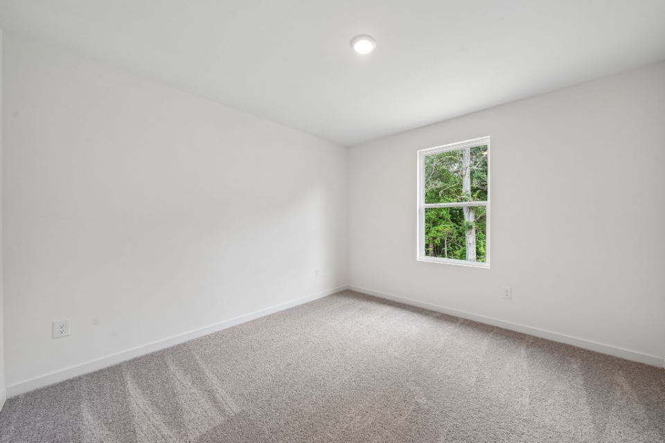 A room with a window and a carpet.