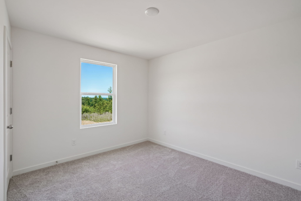 A room with a window and a carpet.