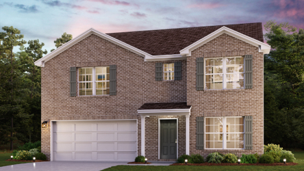 A brick house with a garage.