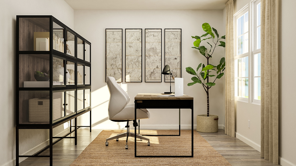 A room with a table and chairs.