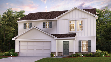 A white house with a garage.