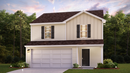 A house with a garage and trees in the back.