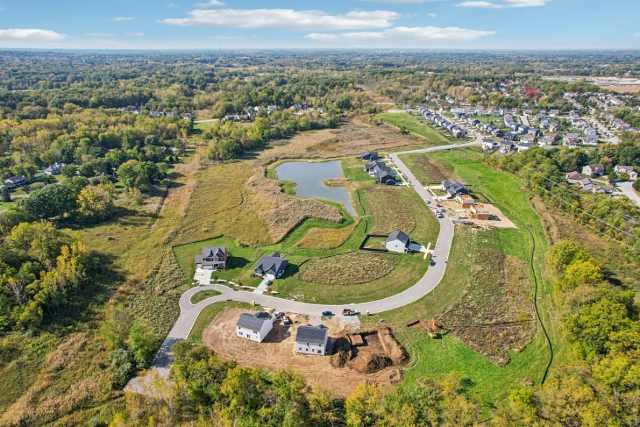 A landscape with houses and trees.