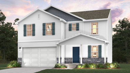 A white house with a garage.