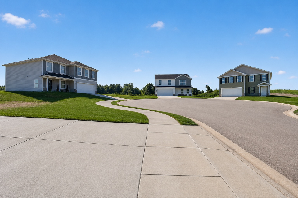 A driveway leading to a house.