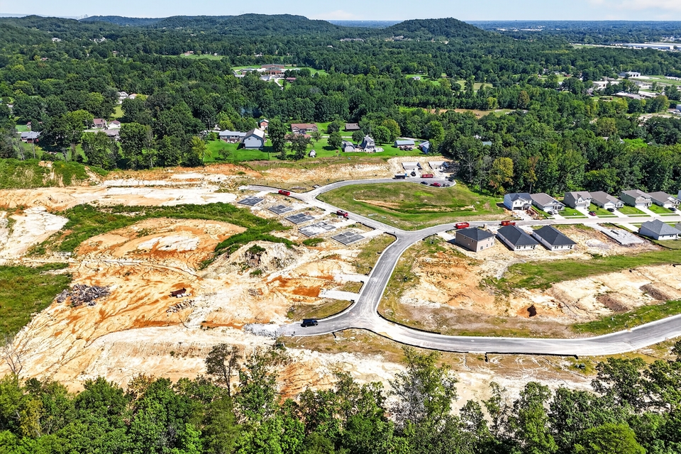A road with a winding road and houses on the side.