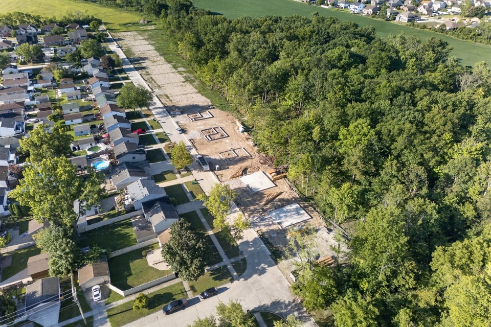 A high angle view of a neighborhood.
