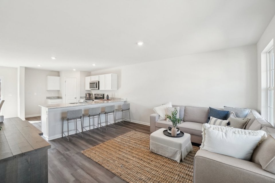 A living room with a dining table and couches.