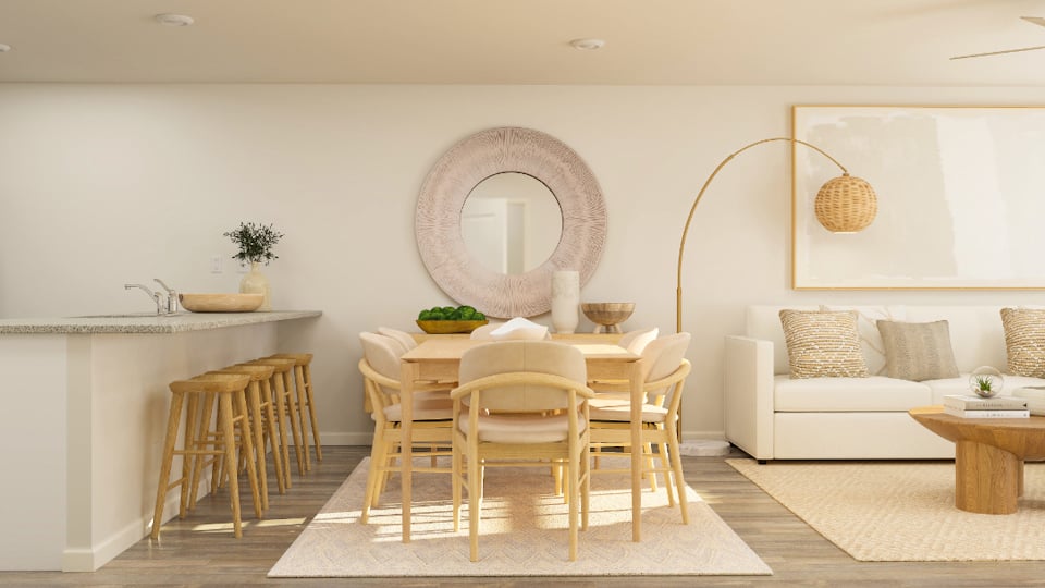 A room with a table and chairs.