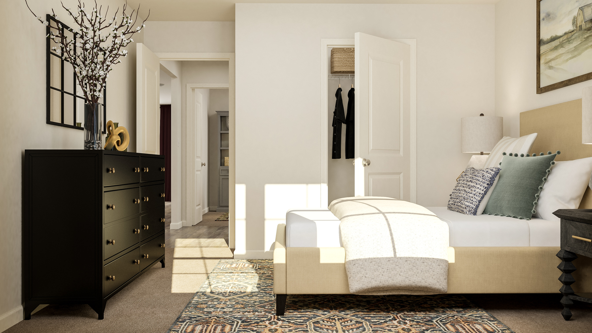 A room with a bed and dresser.