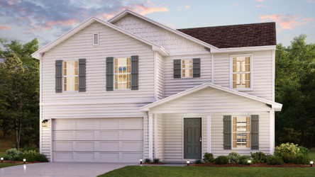 A white house with a lawn.