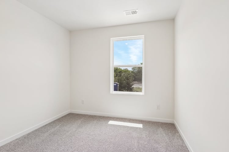 A room with a window and a carpet.