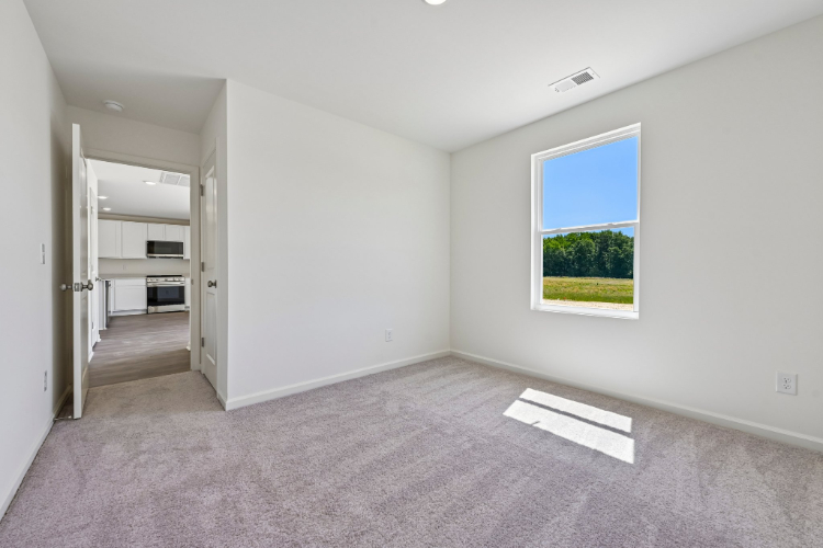 A room with a window and a rug.