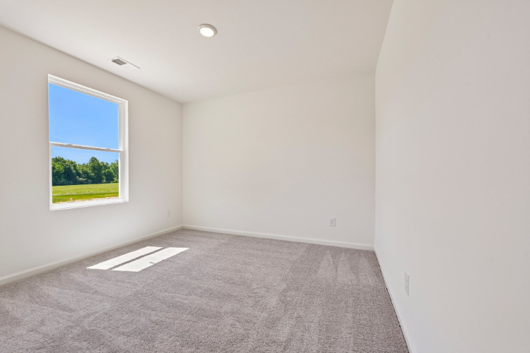 A room with a window and a carpet.