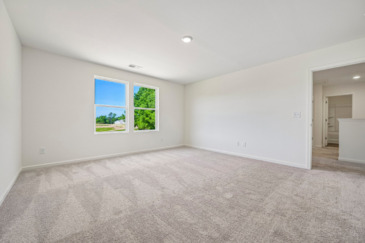 A room with a carpet and a window.