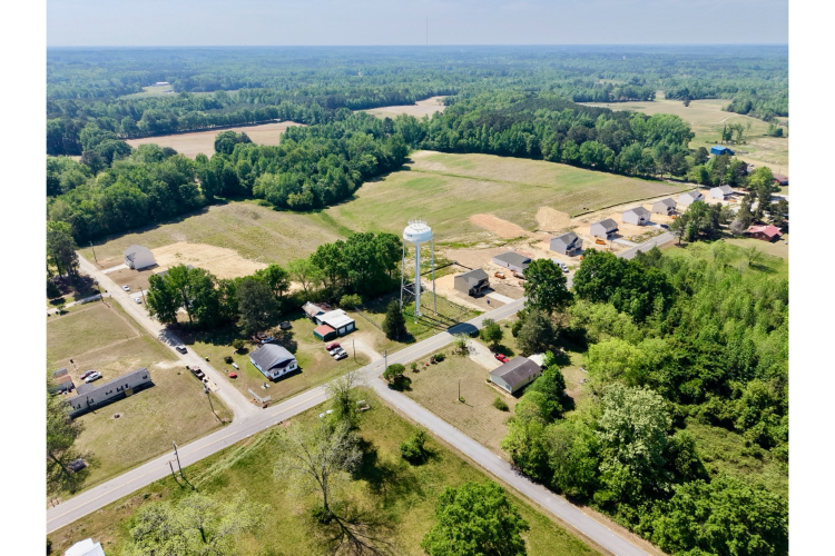 An aerial view of a parking lot.