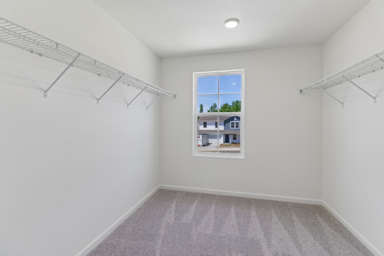 A room with a window and a carpet.