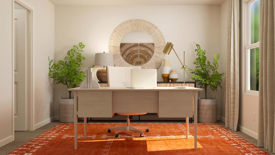 A room with a bed and furniture.