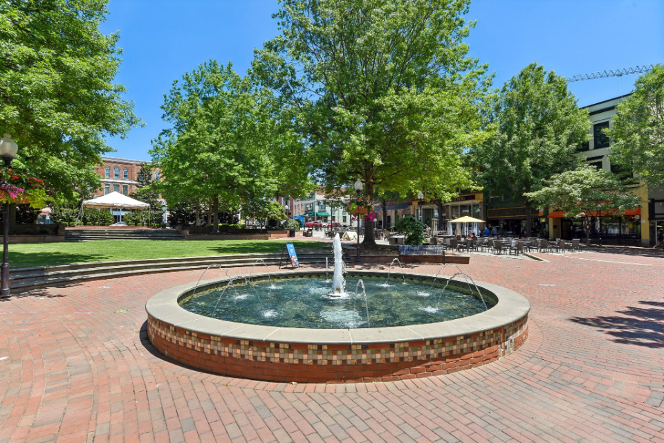 A fountain in a courtyard.