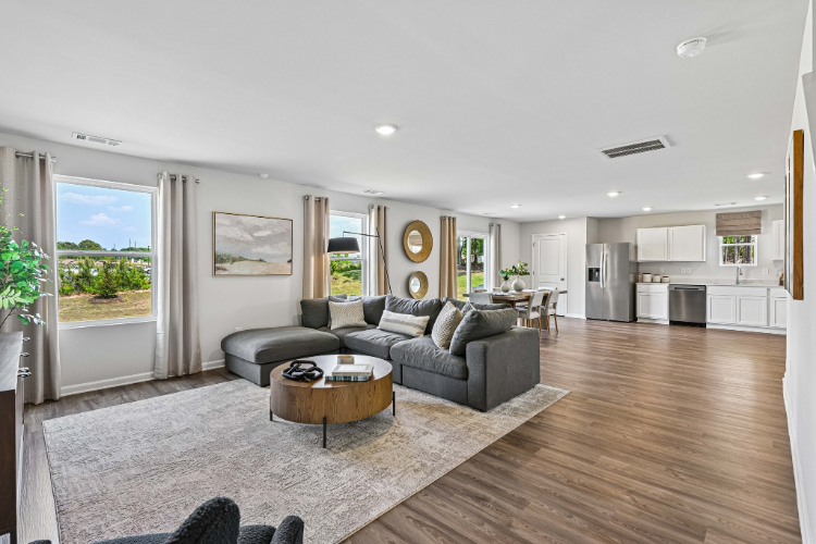 A living room with a wood floor.