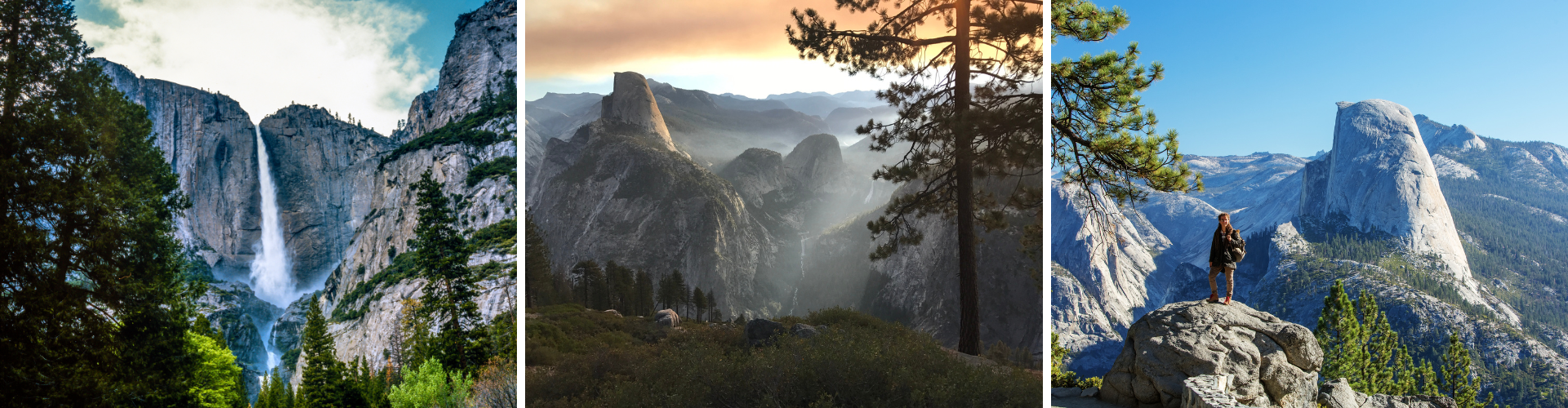 Three Photo Collage of Yosemite National Park: Waterfall, Mountains, Hiker