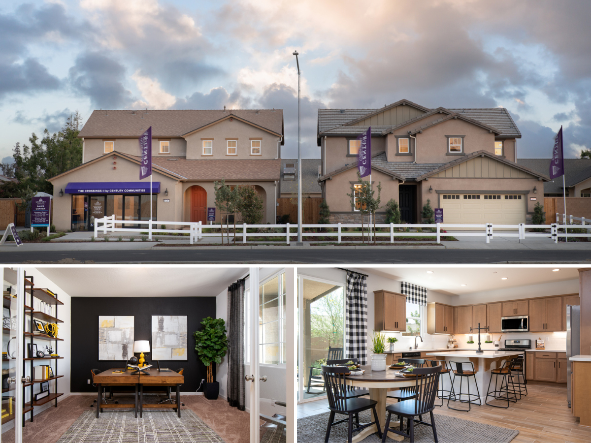 A collage showcasing The Crossings II model homes. An exterior shot, home office and kitchen.