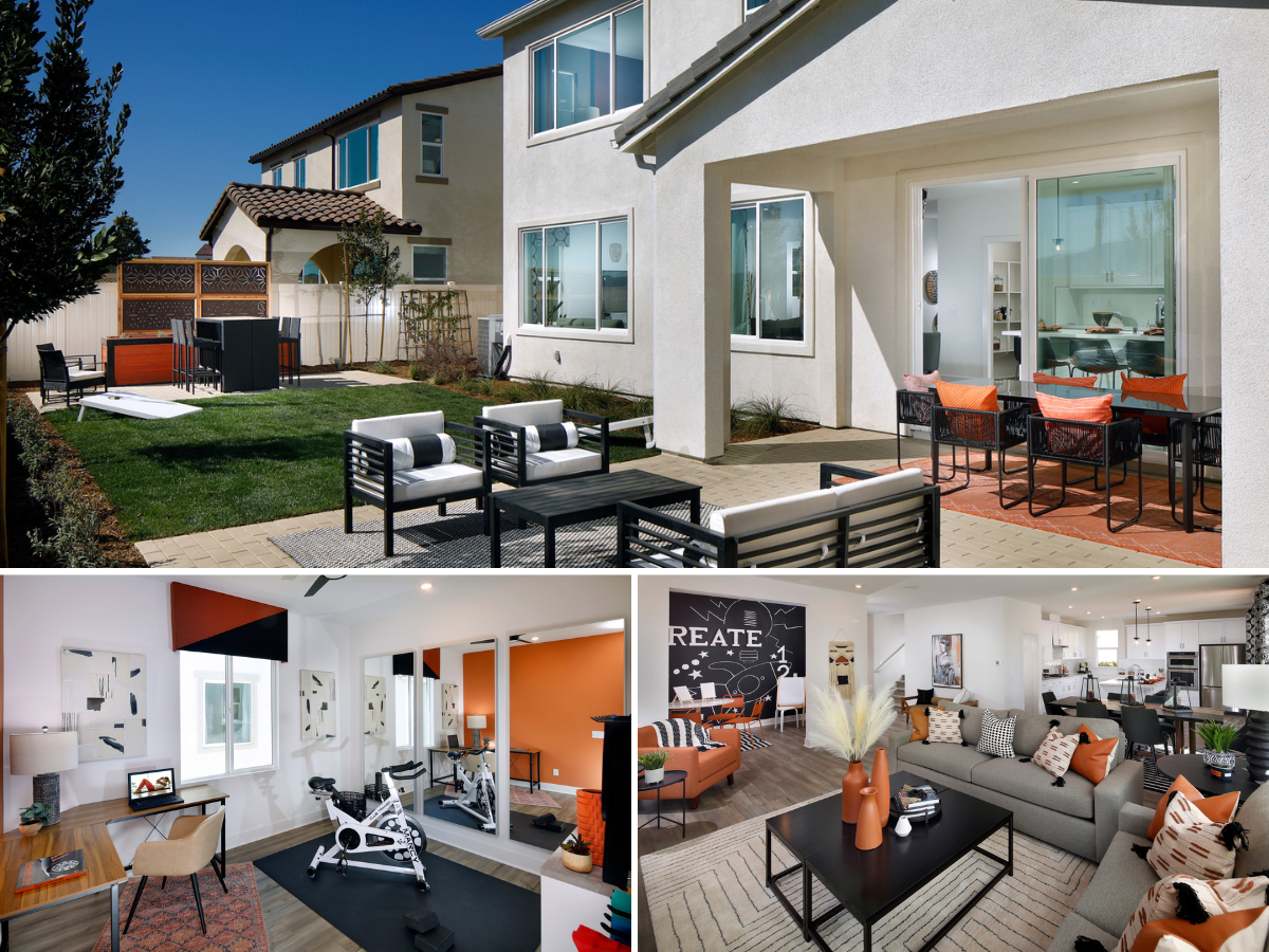 A collage showcasing our Plan 3 model home at Greenway at The Preserve at Chino. An exterior, versatile flex room and great room.