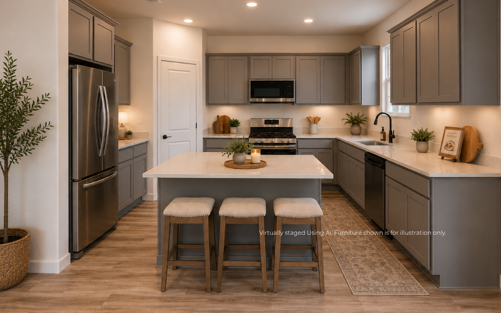 A kitchen with a bar stool and a table.