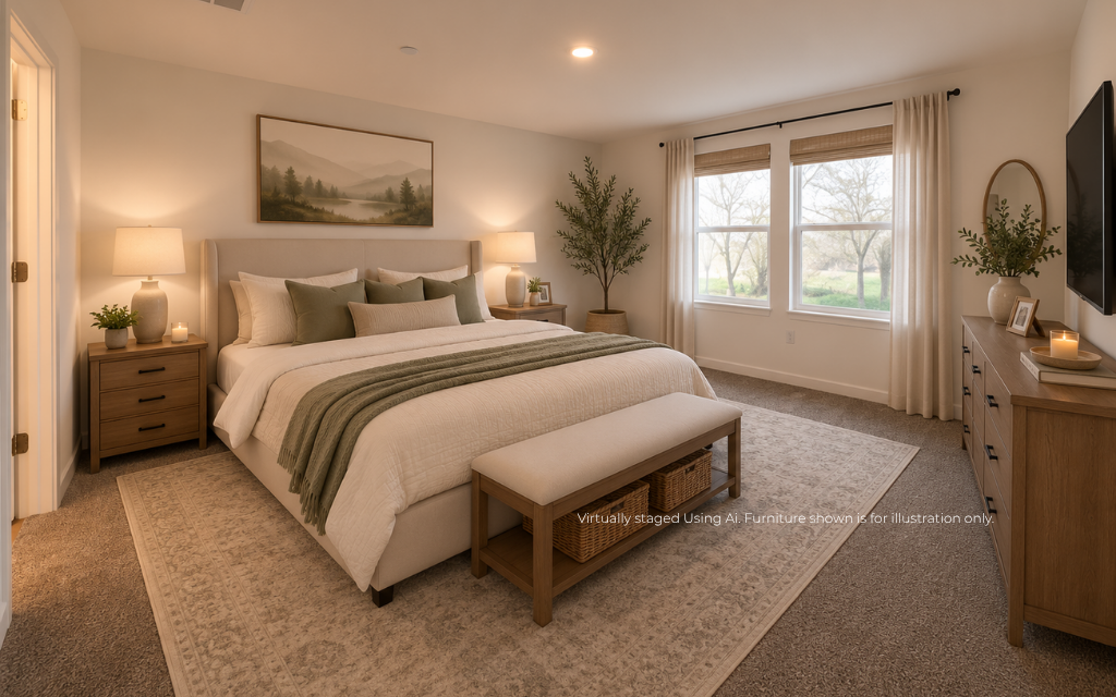 A bedroom with a bed and a bench.