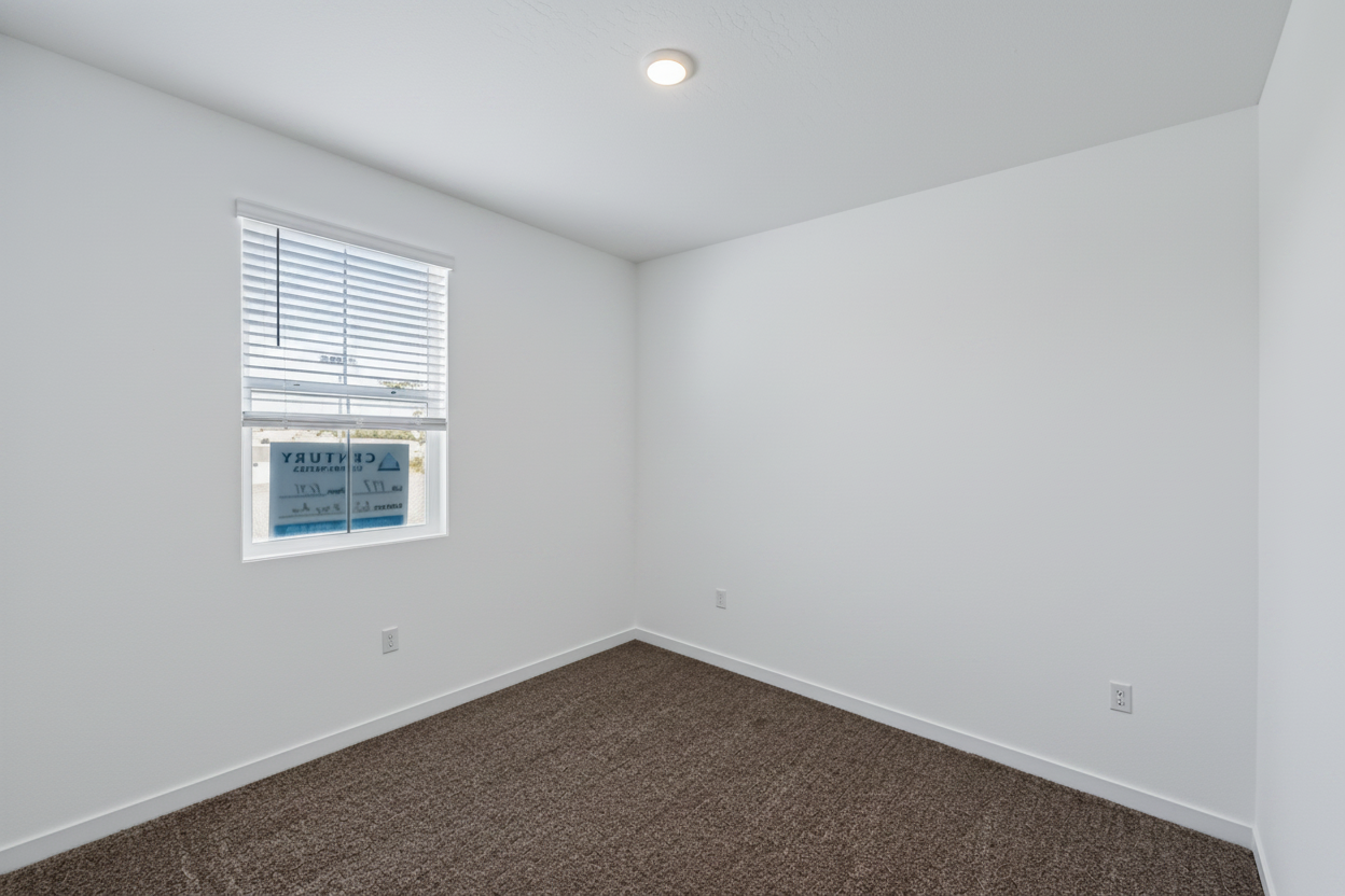 A room with a window and a carpet.